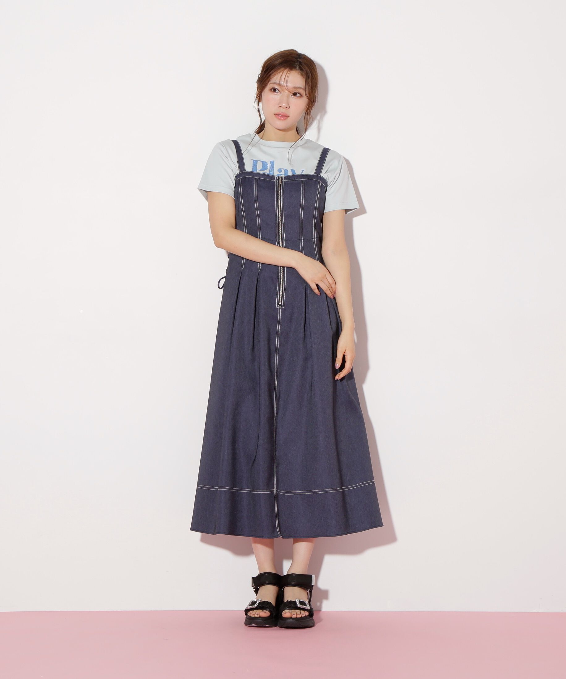  「デニムライクステッチシリーズ２　レースアップワンピース」|ワンピース|