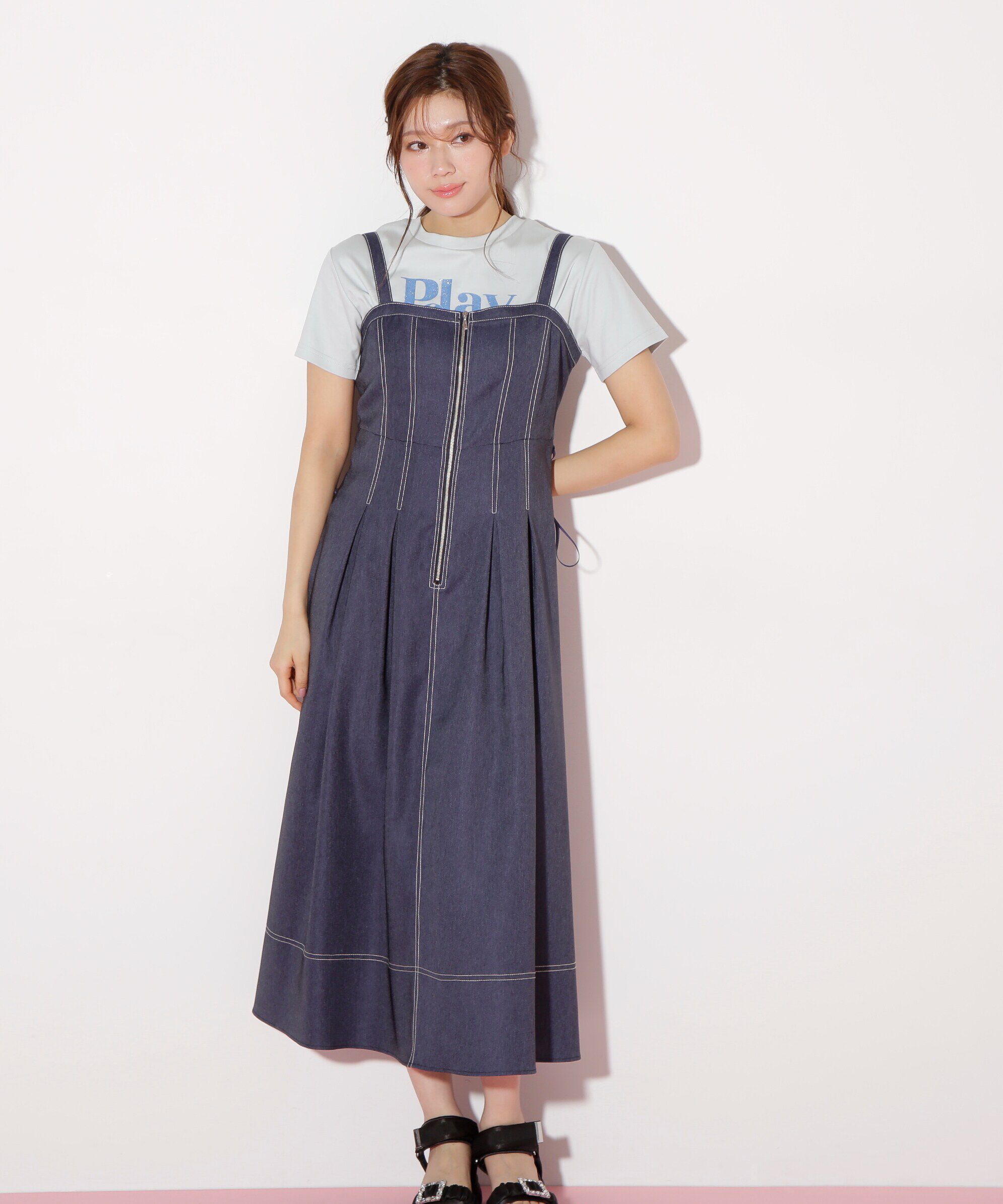  「デニムライクステッチシリーズ２　レースアップワンピース」|ワンピース|