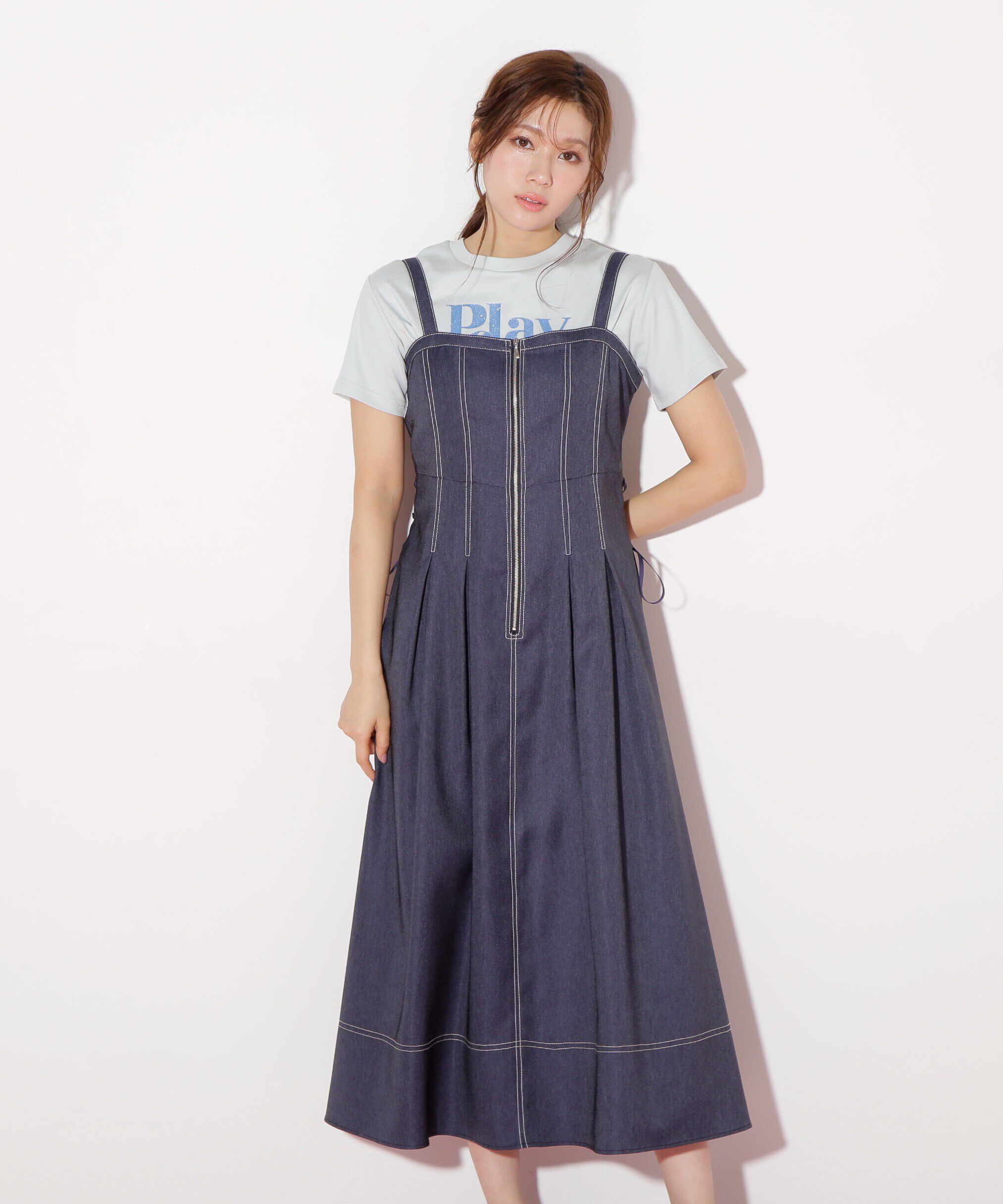  「デニムライクステッチシリーズ２　レースアップワンピース」|ワンピース|