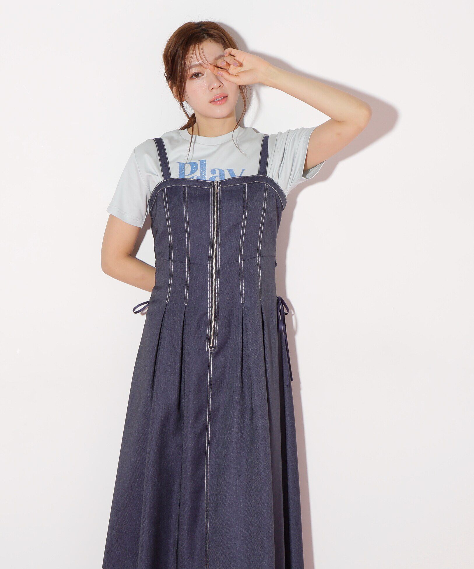  「デニムライクステッチシリーズ２　レースアップワンピース」|ワンピース|