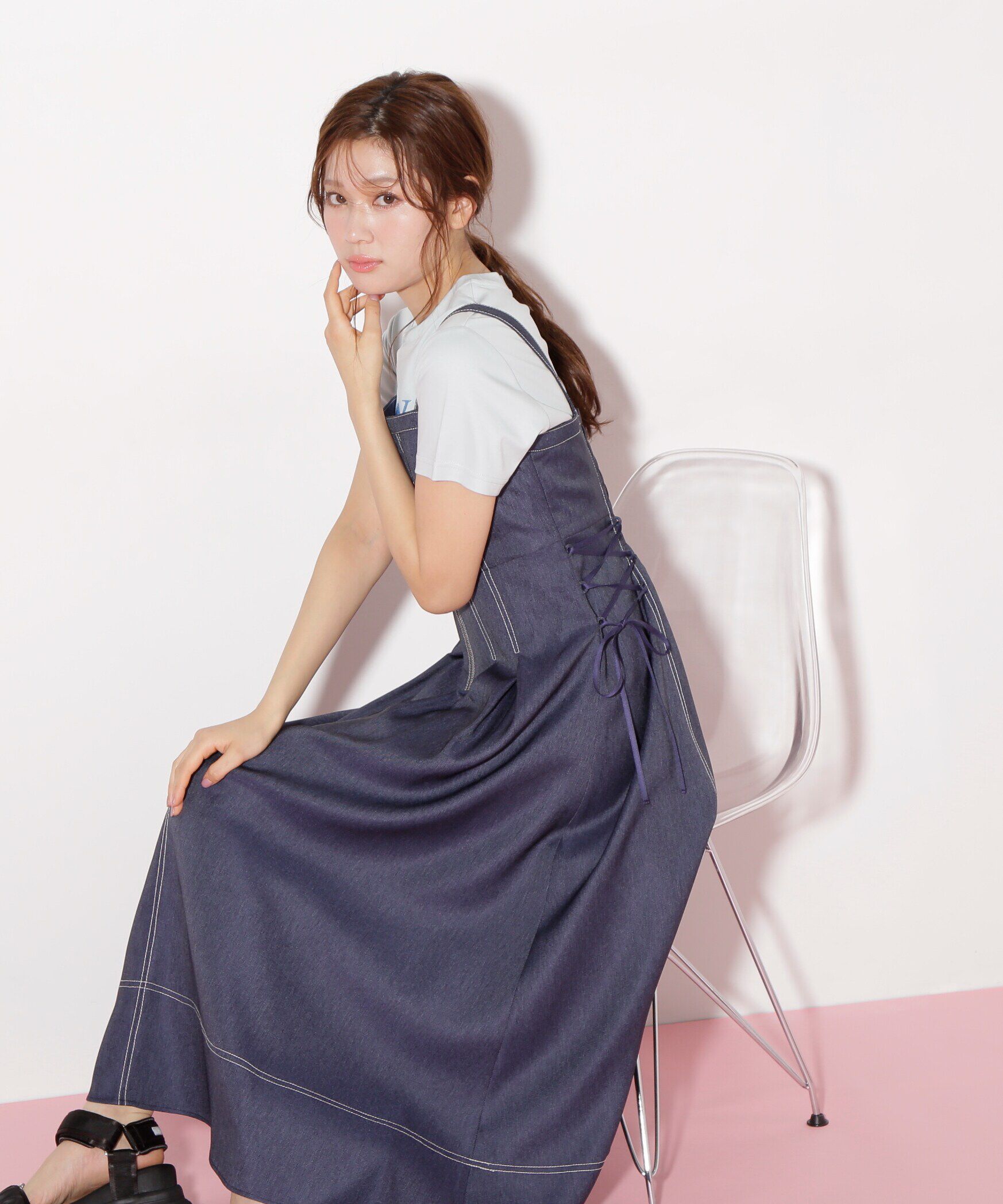  「デニムライクステッチシリーズ２　レースアップワンピース」|ワンピース|