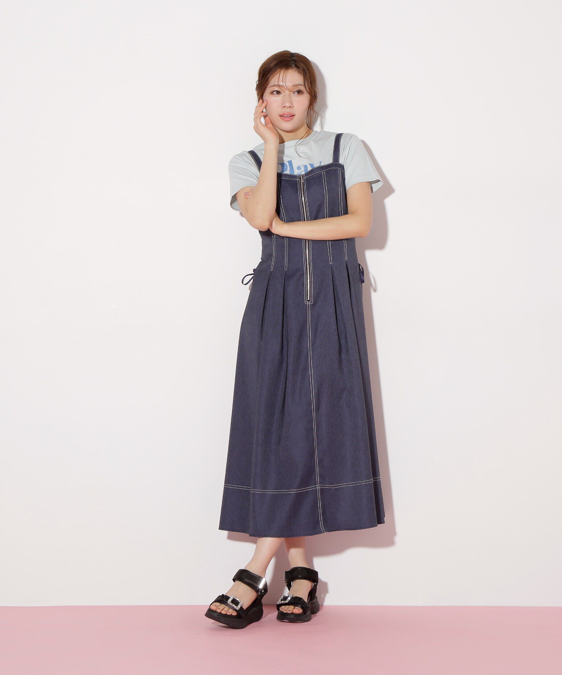  「デニムライクステッチシリーズ２　レースアップワンピース」|ワンピース|