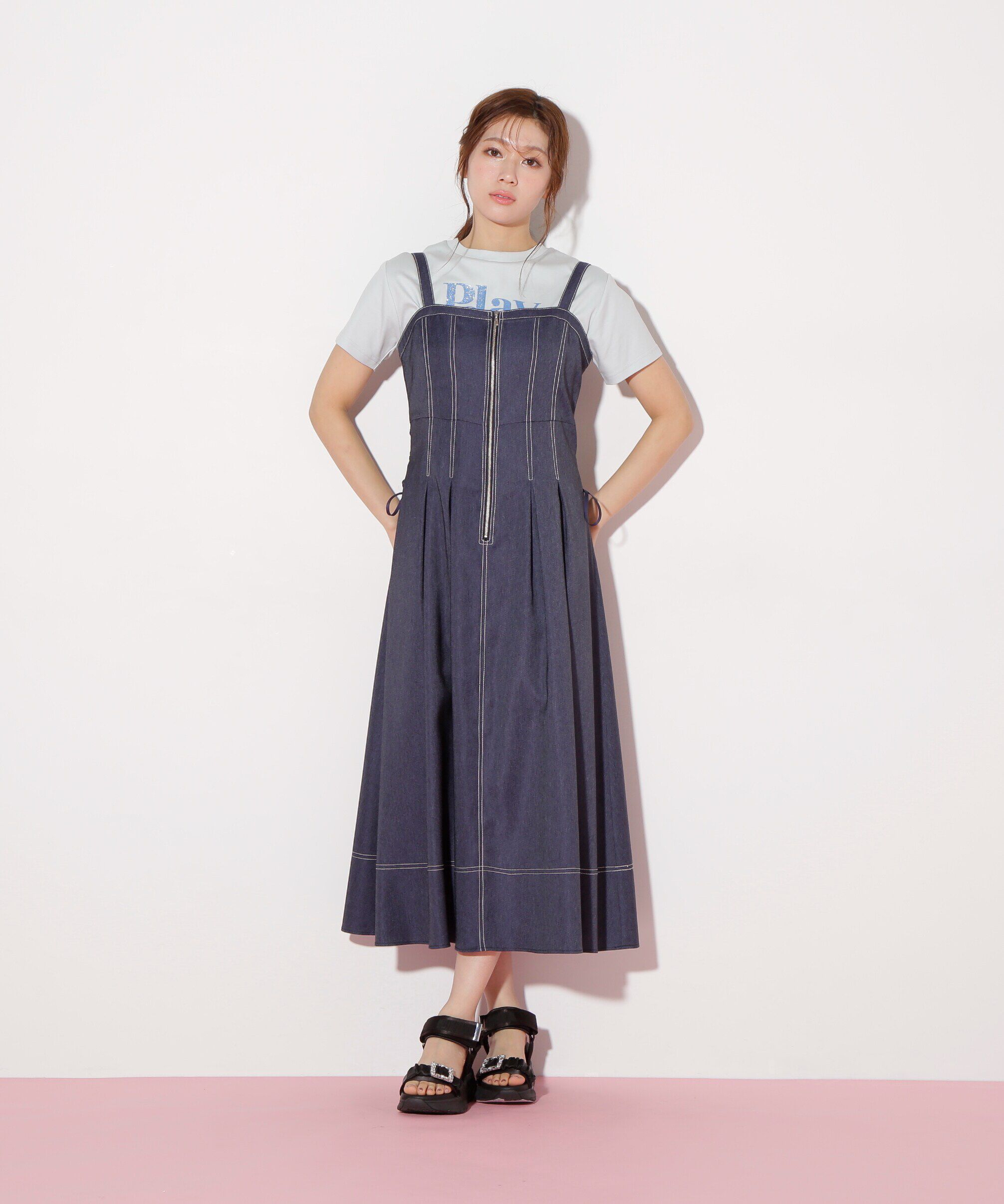  「デニムライクステッチシリーズ２　レースアップワンピース」|ワンピース|