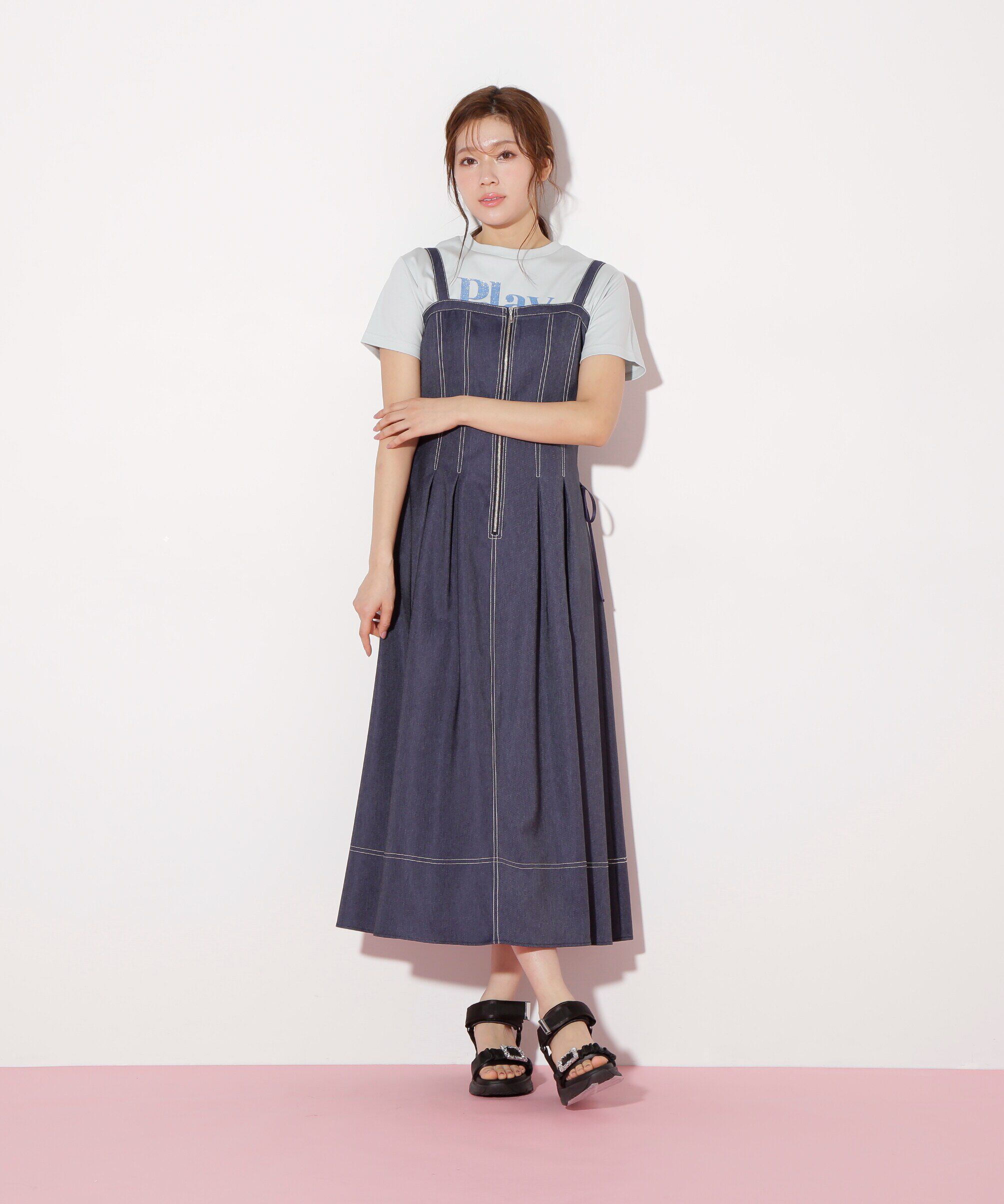 「デニムライクステッチシリーズ２　レースアップワンピース」|ワンピース|