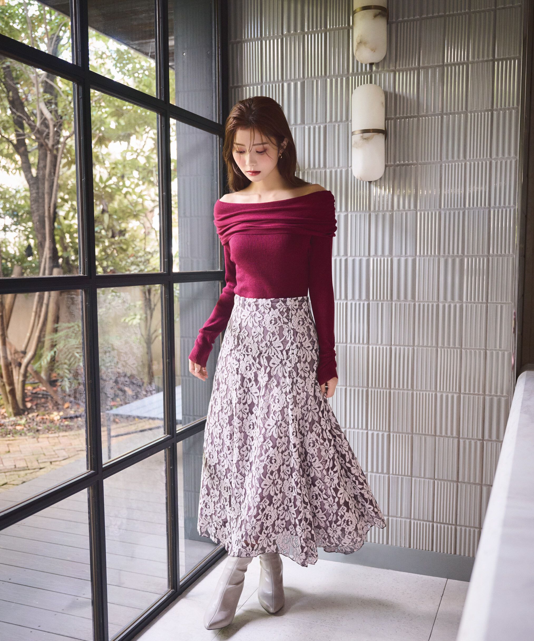 PROPORTION BODY DRESSING「モールレースイレヘムフレアスカート　24AW」|スカート|モカピンク1