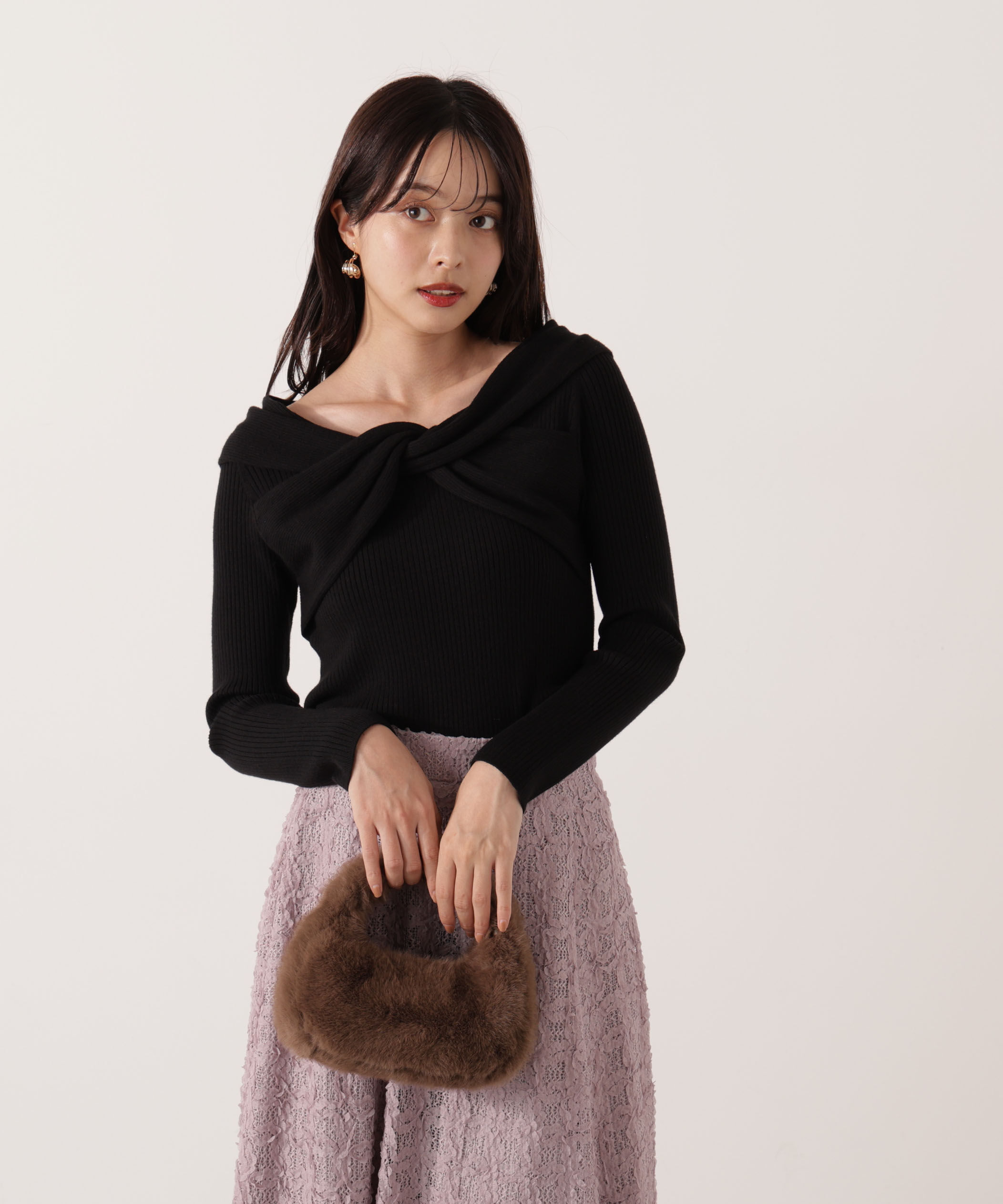 PROPORTION BODY DRESSING「リボンオフショルリブニット 25AW」|ニット・セーター|ブラック