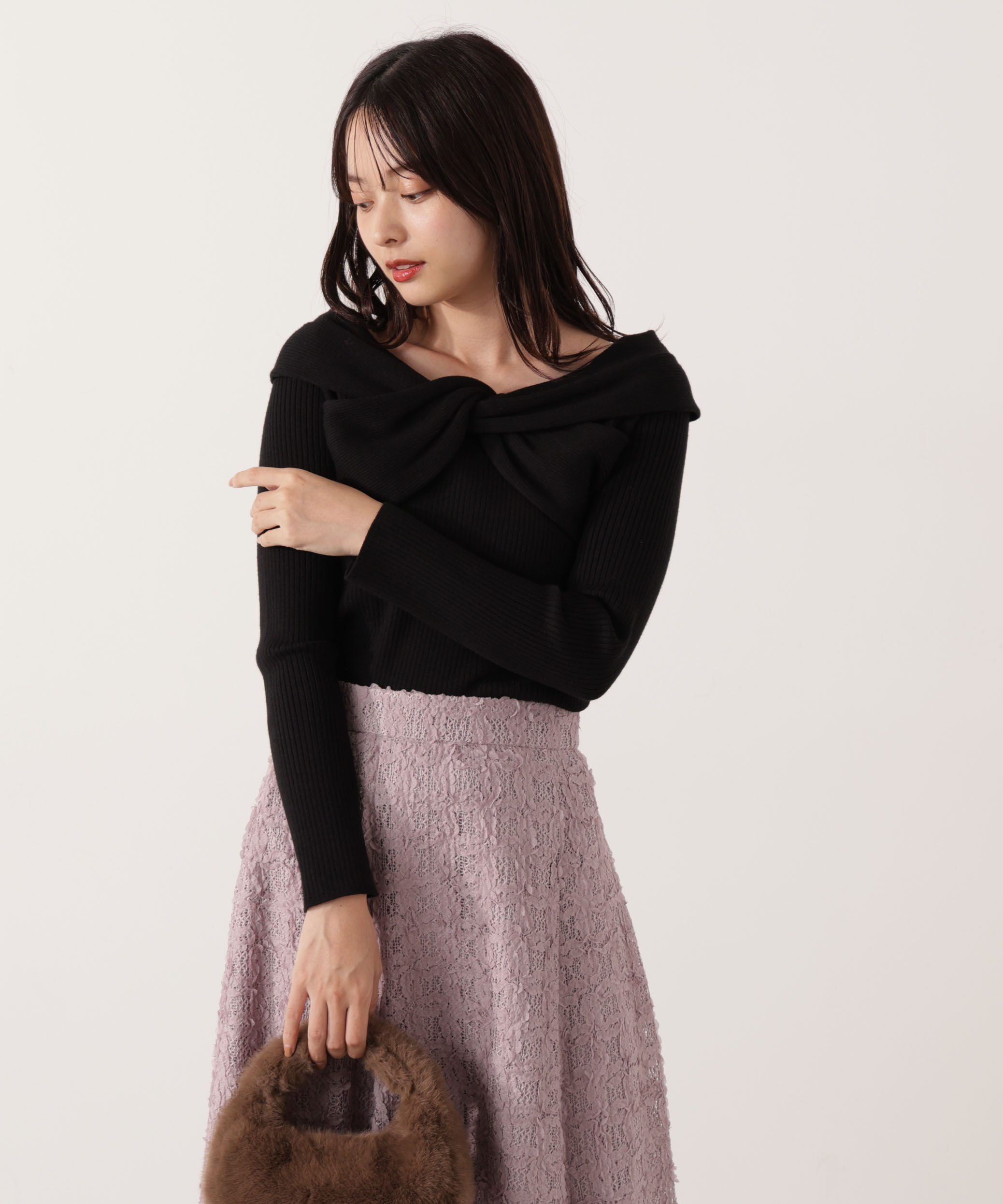 PROPORTION BODY DRESSING「リボンオフショルリブニット 25AW」|ニット・セーター|