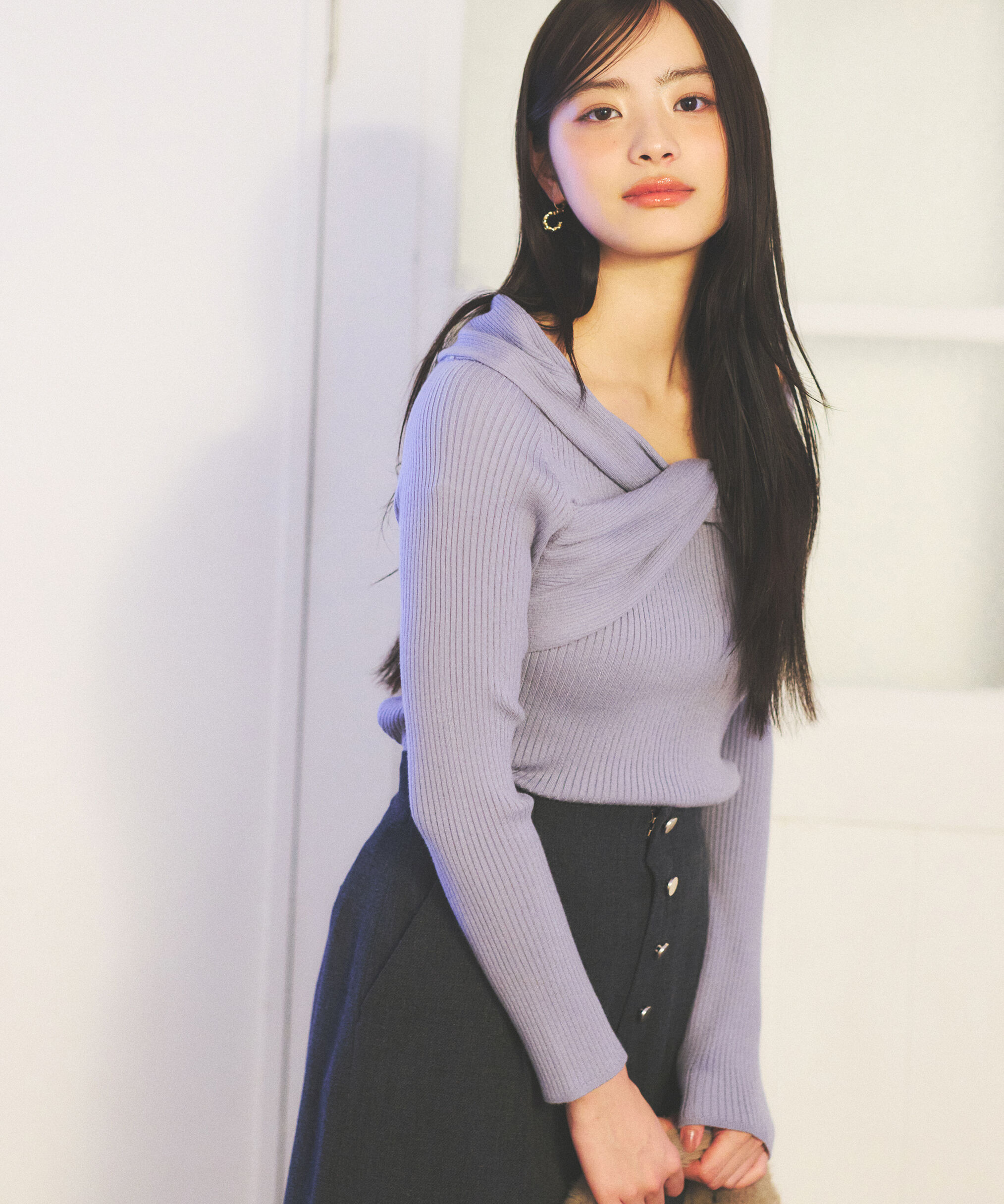 PROPORTION BODY DRESSING「リボンオフショルリブニット 25AW」|ニット・セーター|ブルー