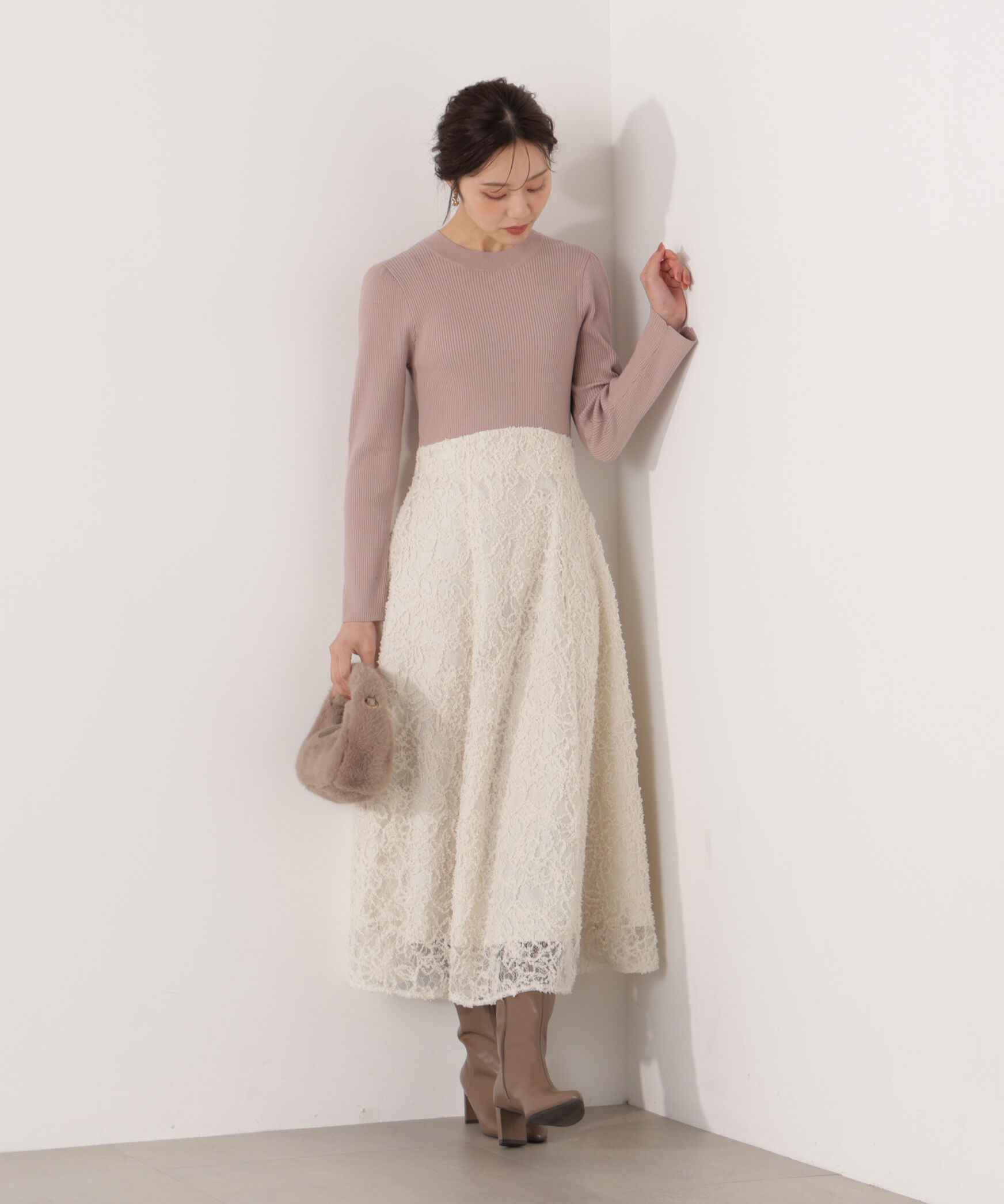 PROPORTION BODY DRESSING「レースドッキングニットワンピース 26SS」|ワンピース|