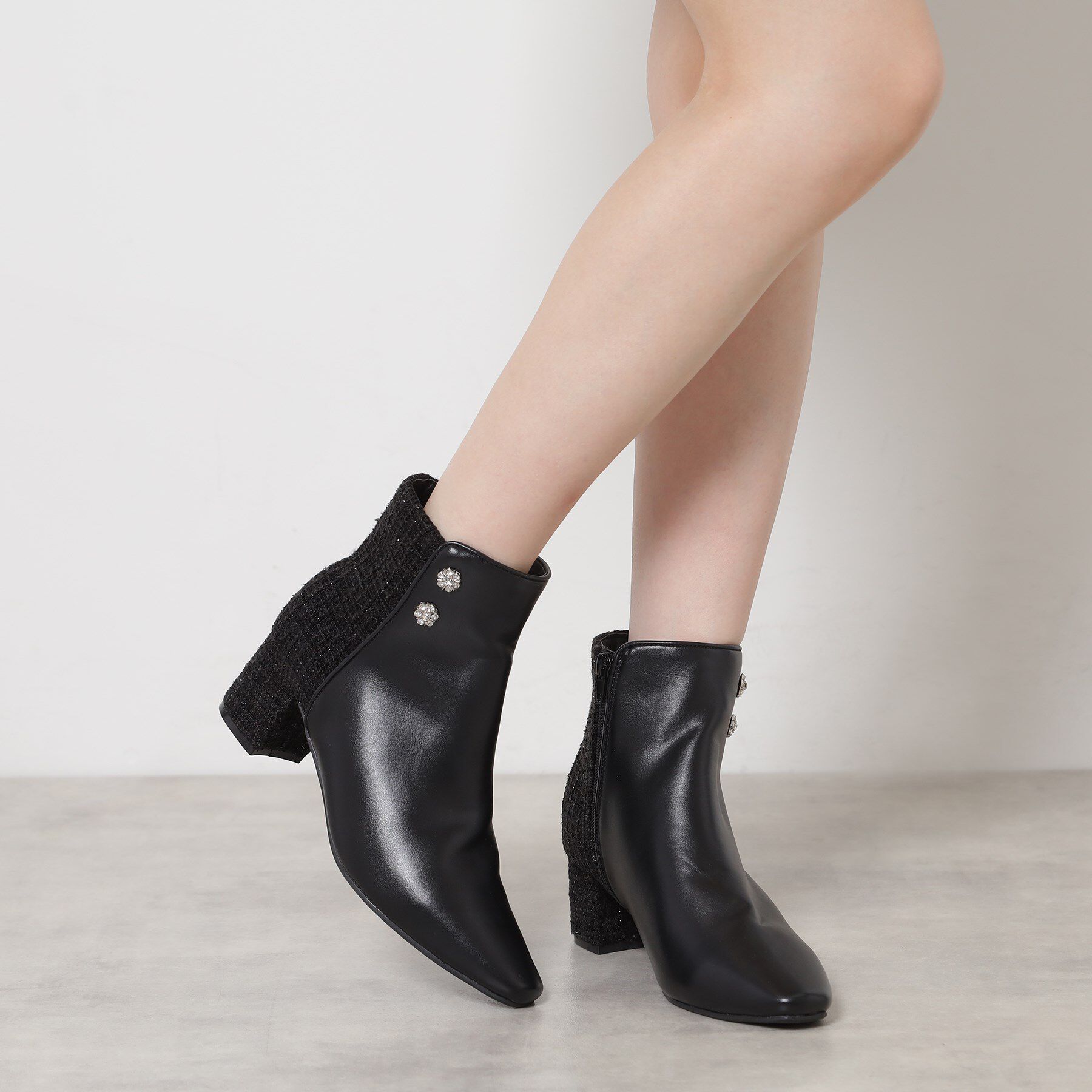 ESPERANZA「ビジュー付きツイードショートブーツ」|ショートブーツ|ブラック(919)