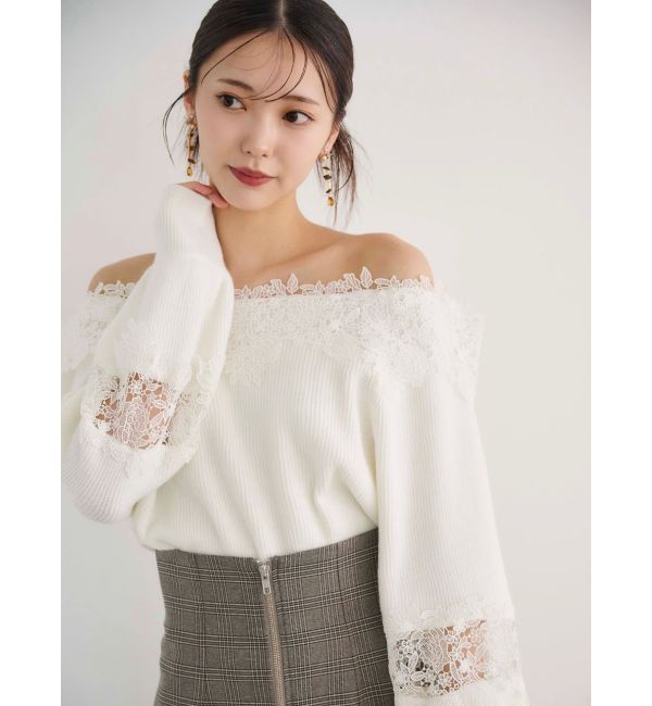 MERCURYDUO「オフショルレースカットアウトニット」|ニット・セーター|