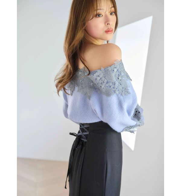 MERCURYDUO「オフショルレースカットアウトニット」|ニット・セーター|