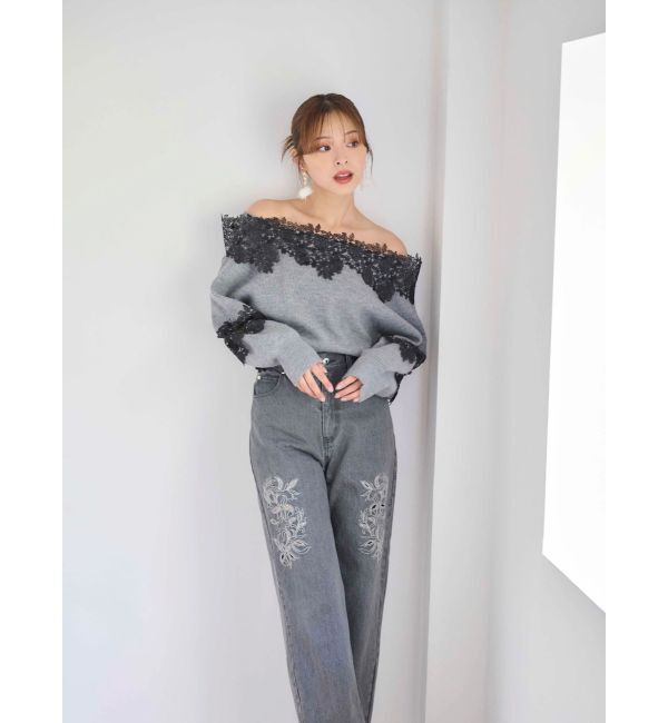 MERCURYDUO「オフショルレースカットアウトニット」|ニット・セーター|