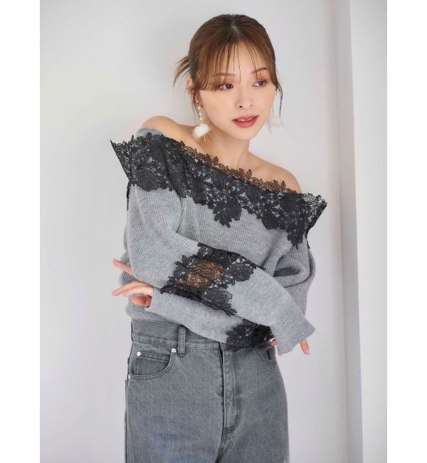 MERCURYDUO「オフショルレースカットアウトニット」|ニット・セーター|