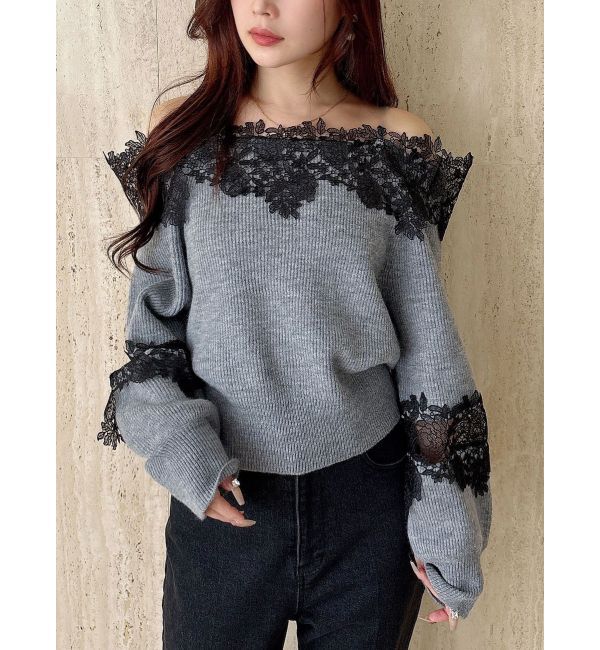 MERCURYDUO「オフショルレースカットアウトニット」|ニット・セーター|