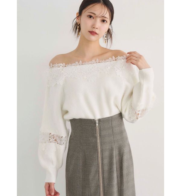 MERCURYDUO「オフショルレースカットアウトニット」|ニット・セーター|