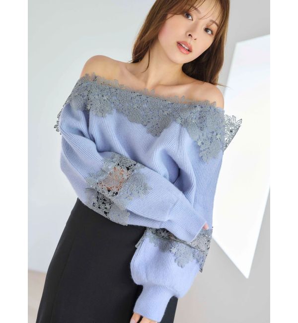 MERCURYDUO「オフショルレースカットアウトニット」|ニット・セーター|ブルー