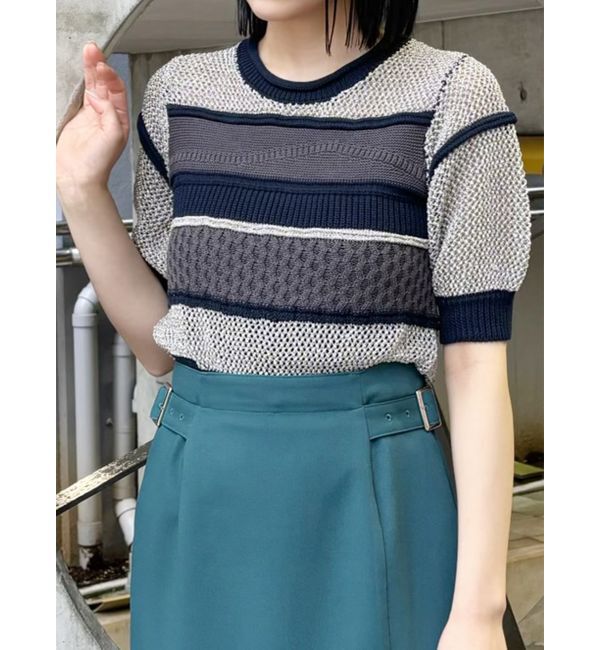 MURUA「クロシェミックスハーフスリーブニット」|ニット・セーター|グレー