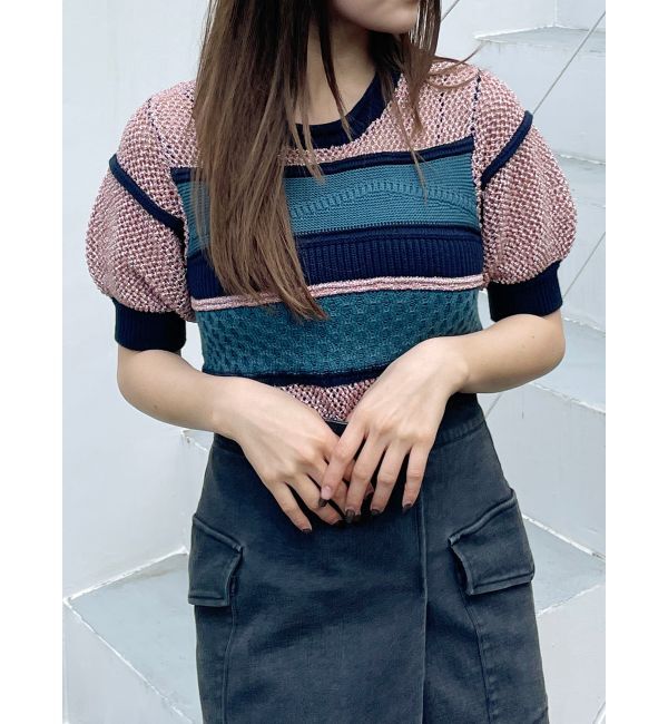 MURUA「クロシェミックスハーフスリーブニット」|ニット・セーター|ピンク