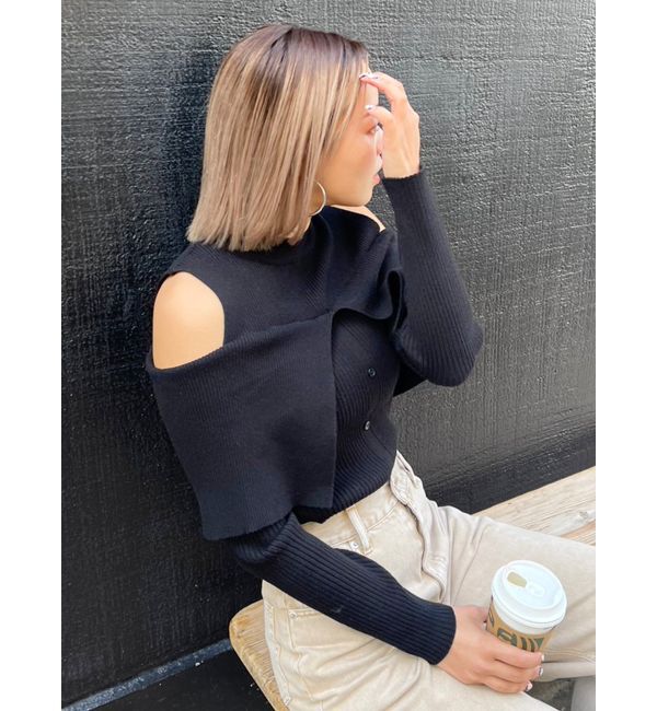 EVRIS「レイヤードオープンショルダーニットトップス」|ニット・セーター|ブラック