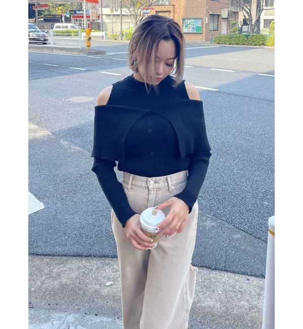 EVRIS「レイヤードオープンショルダーニットトップス」|ニット・セーター|