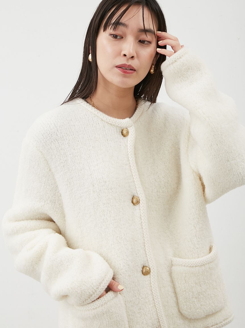 Mila Owen「金釦ムートンライクボアニットカーディガン」|カーディガン|WHT