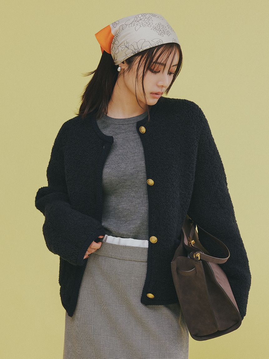Mila Owen「金釦ムートンライクボアニットカーディガン」|カーディガン|