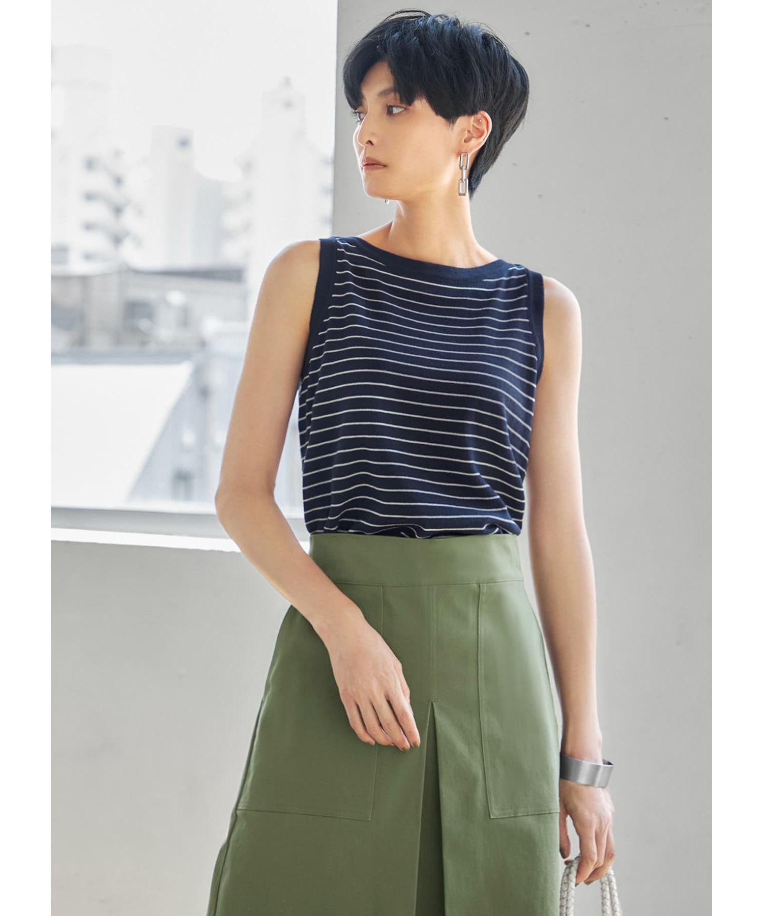 STYLE DELI「ボーダー柄サマーニットトップス」|ニット・セーター|ダークネイビー