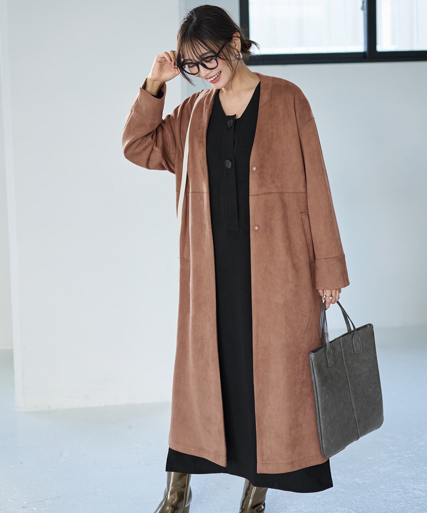 STYLE DELI「フェイクスエードノーカラーコート／ロング丈」|ノーカラーコート|ブラウン