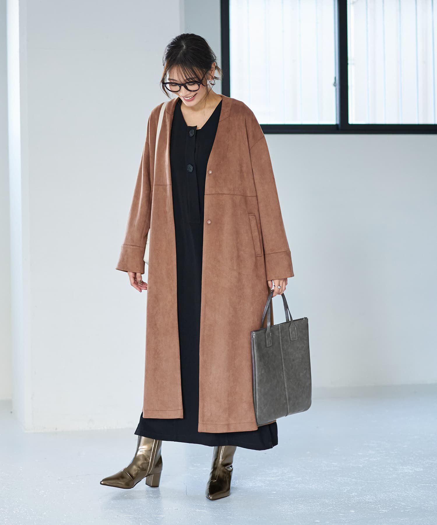 STYLE DELI「フェイクスエードノーカラーコート／ロング丈」|ノーカラーコート|