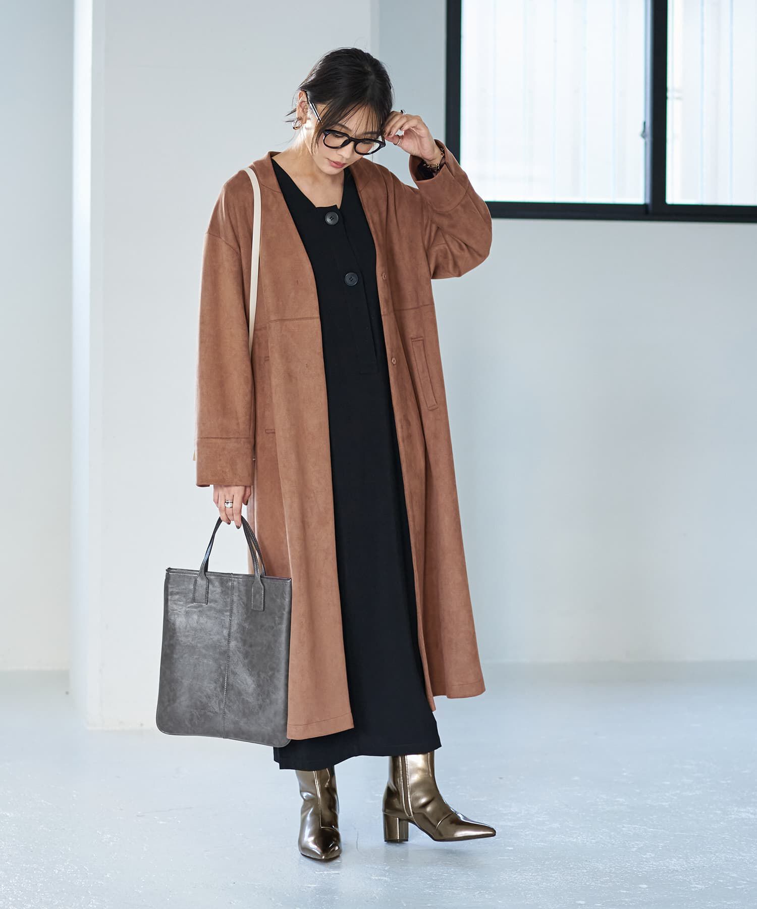 STYLE DELI「フェイクスエードノーカラーコート／ロング丈」|ノーカラーコート|