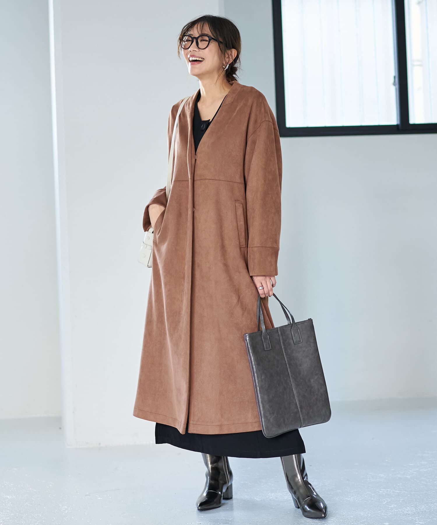 STYLE DELI「フェイクスエードノーカラーコート／ロング丈」|ノーカラーコート|