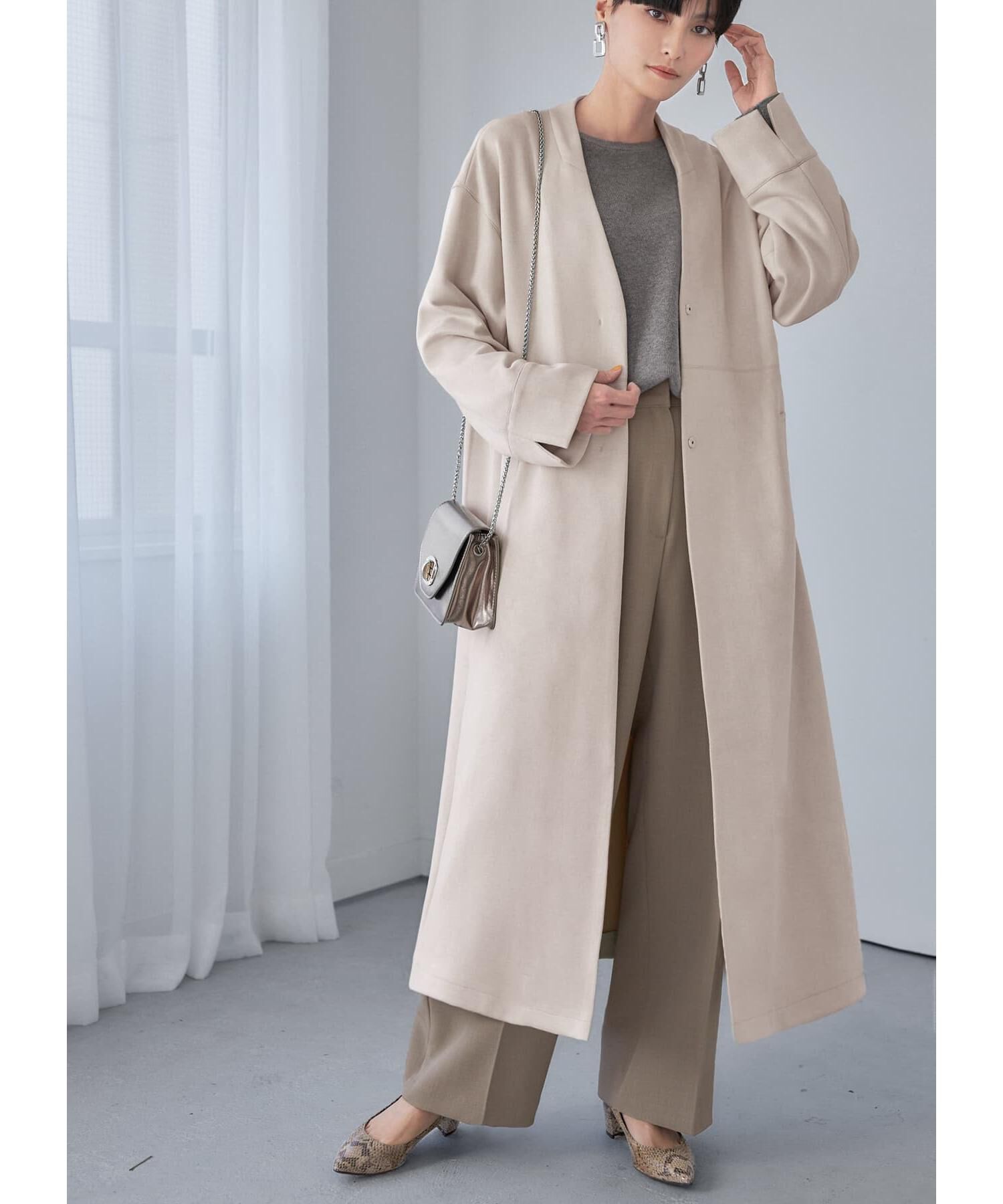 STYLE DELI「フェイクスエードノーカラーコート／ロング丈」|ノーカラーコート|