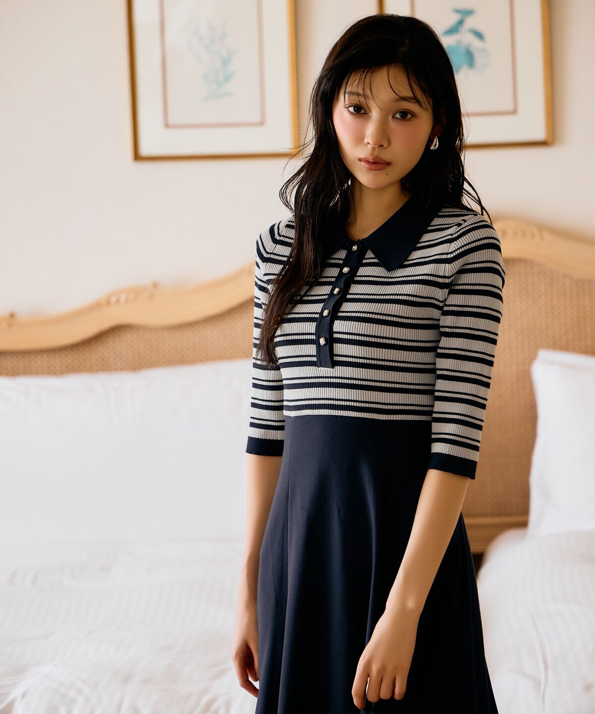 アンドクチュール「襟付きボーダードッキングワンピース」|ワンピース|