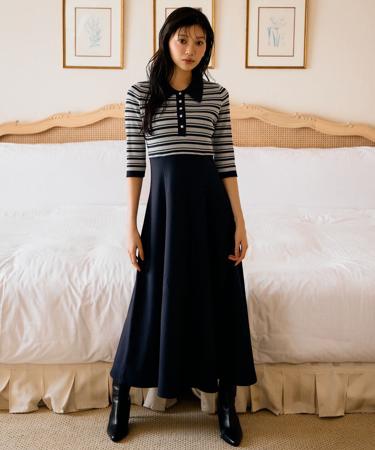 アンドクチュール「襟付きボーダードッキングワンピース」|ワンピース|