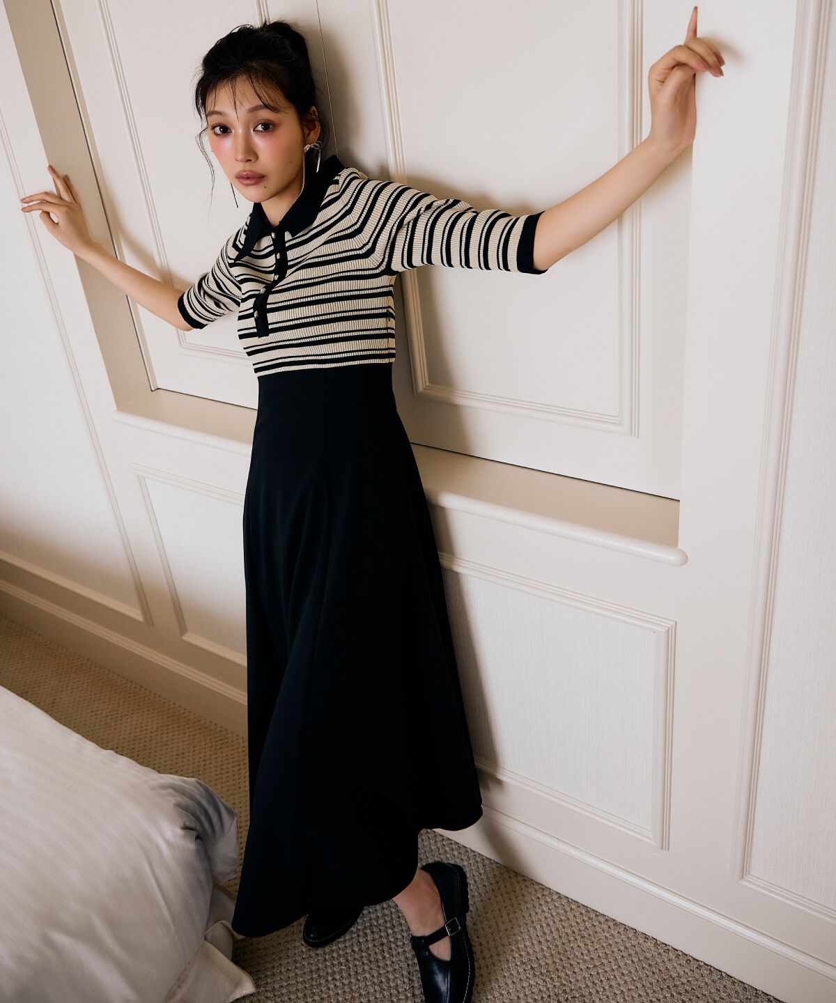 アンドクチュール「襟付きボーダードッキングワンピース」|ワンピース|