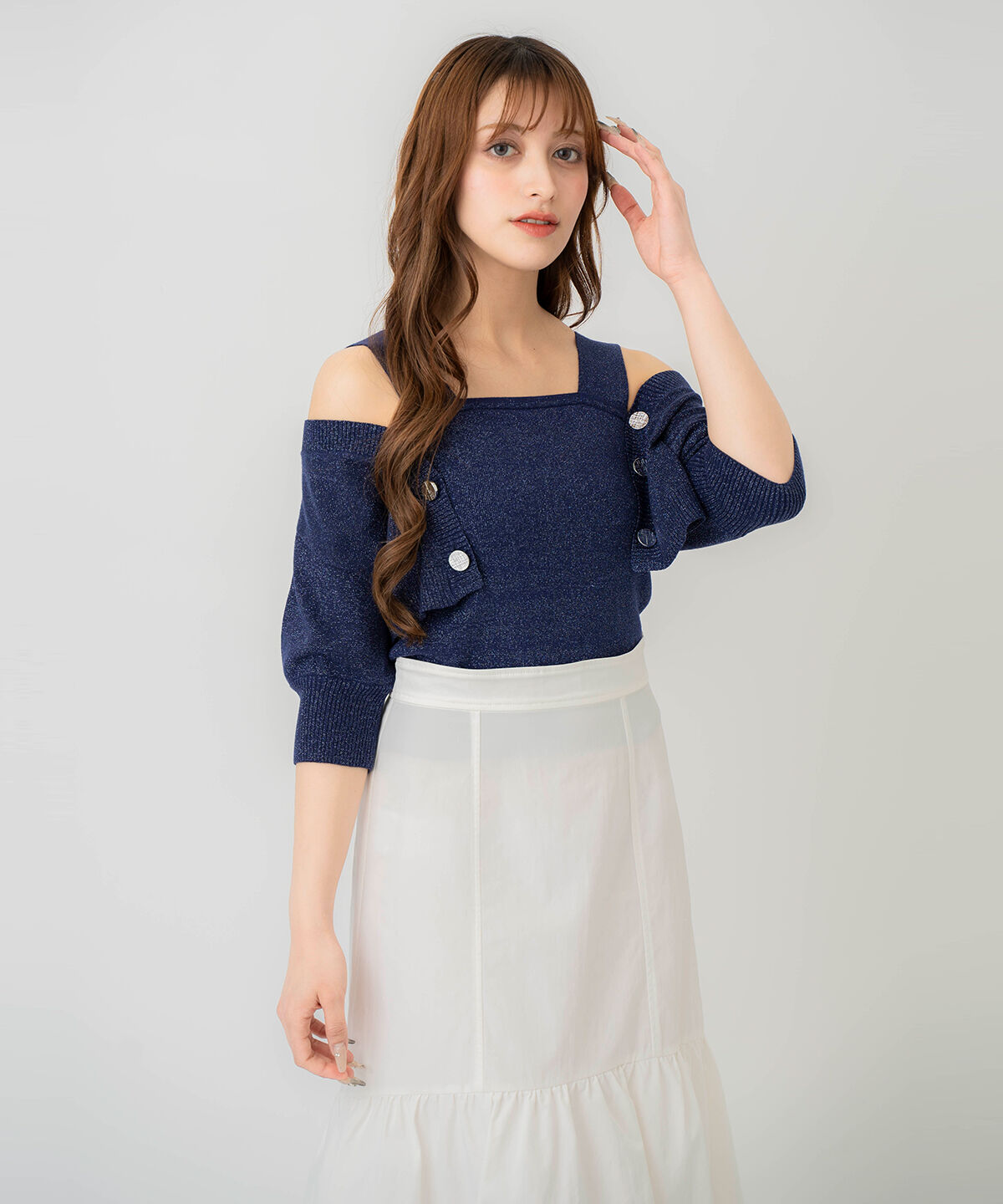 REDYAZEL「ボレロレイヤードデザインラメニット」|カーディガン|ネイビー