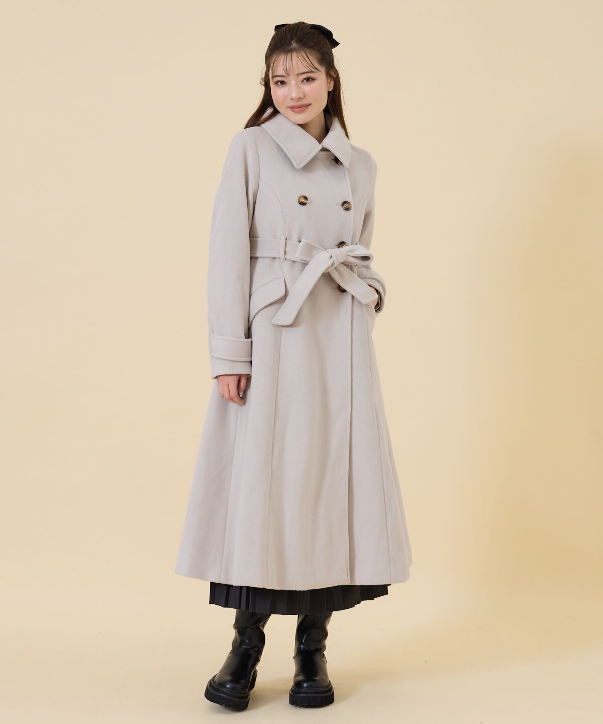 REDYAZEL「ウールライクダブルロングコート」|ステンカラーコート|オフ