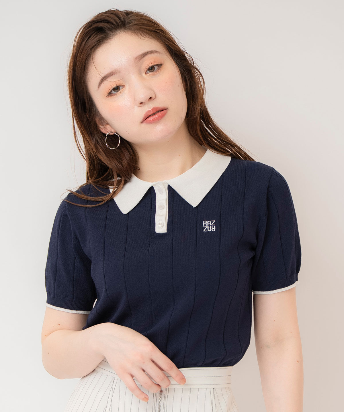 REDYAZEL「バイカラーポロサマーニットトップス」|ニット・セーター|ネイビー