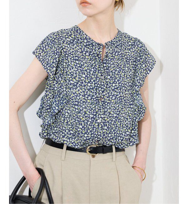SLOBE IENA「《WEB限定/追加》フレンチフリルスリーブフラワーブラウス」|シャツ・ブラウス|ネイビー