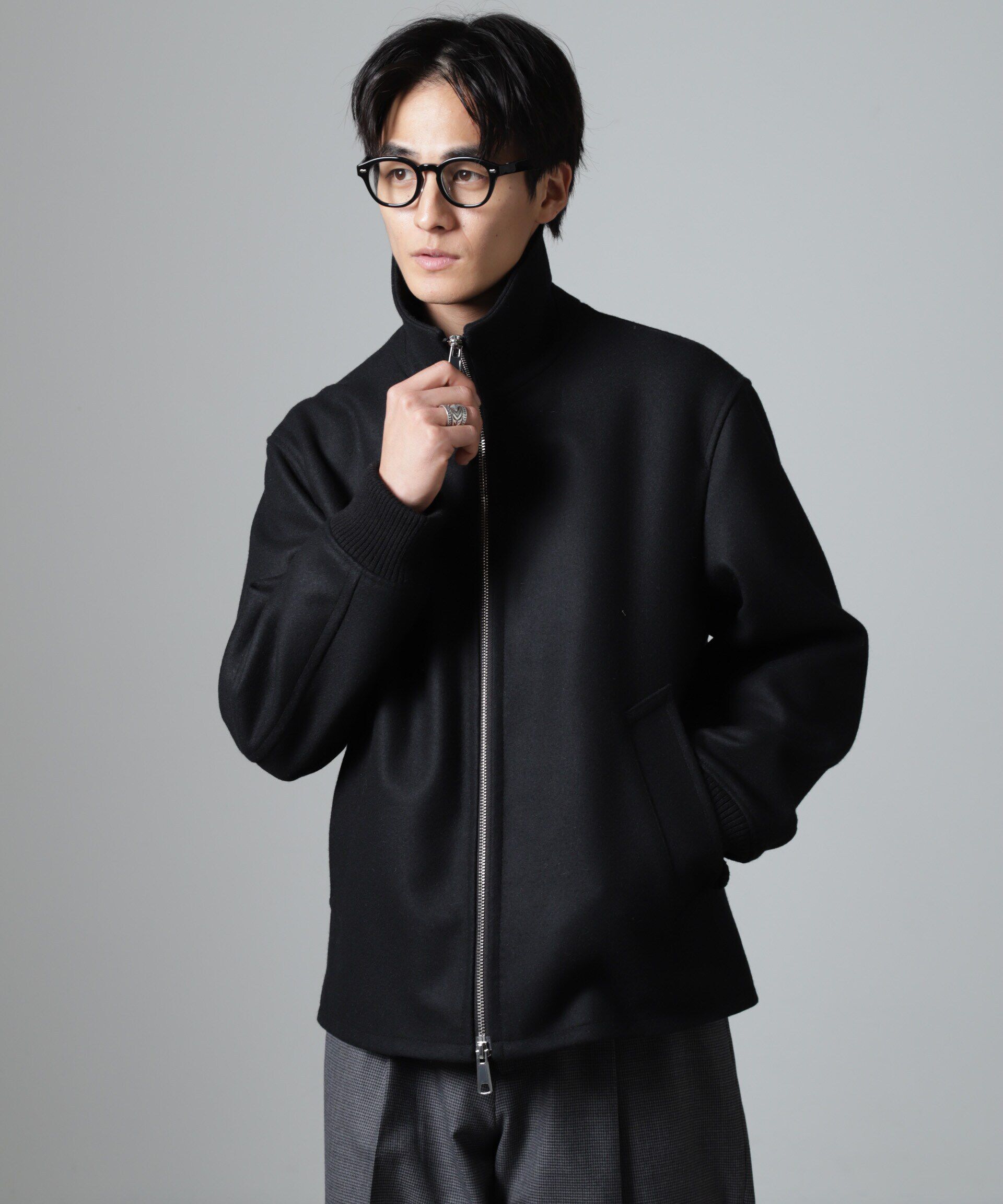 nano･universe「ハードプレスメルトンジップアップブルゾン」|ブルゾン・スタジャン|ブラック