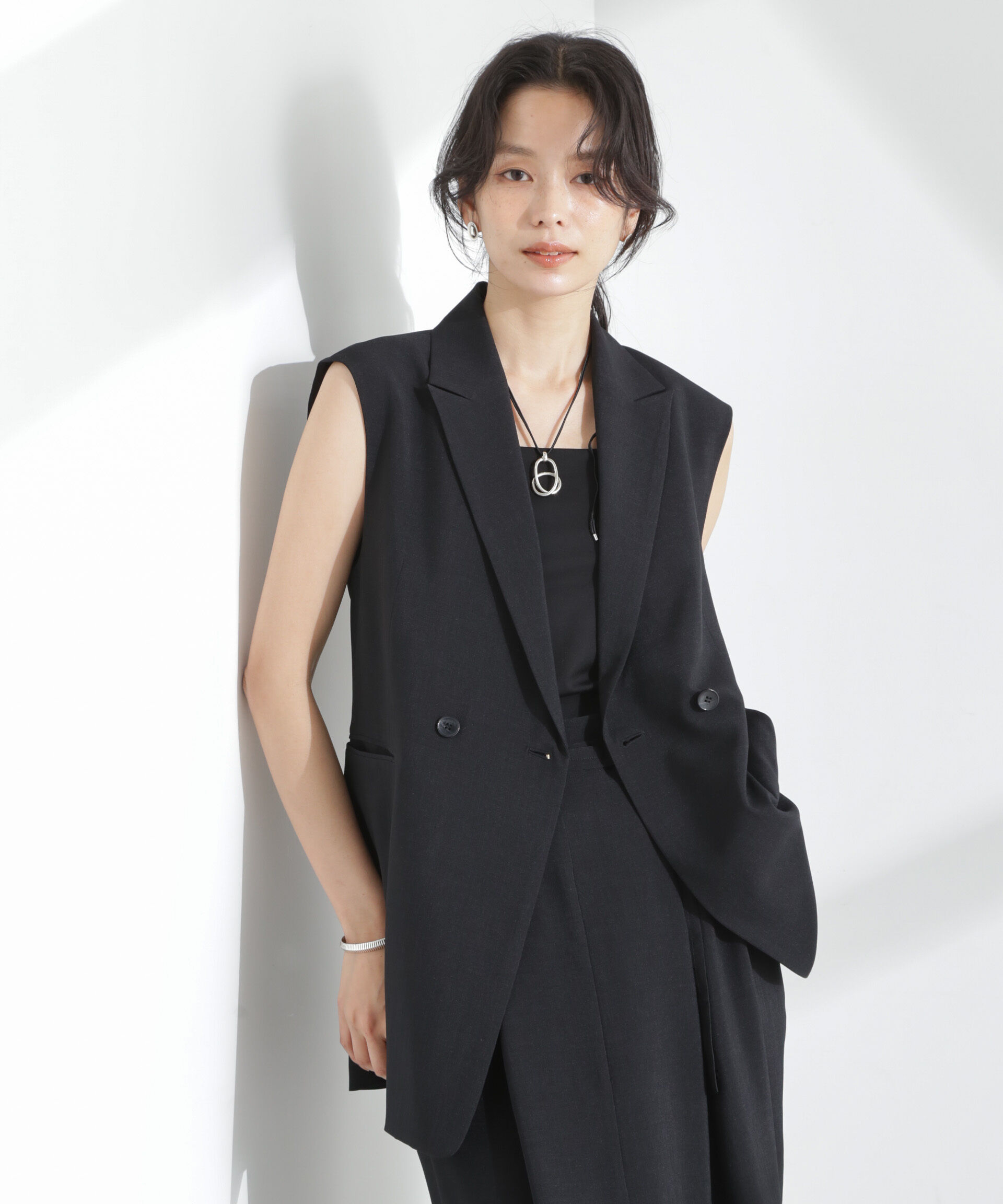 nano･universe「メランジドライ テーラードダブルジレ(セットアップ可)」|テーラードジャケット|ブラック