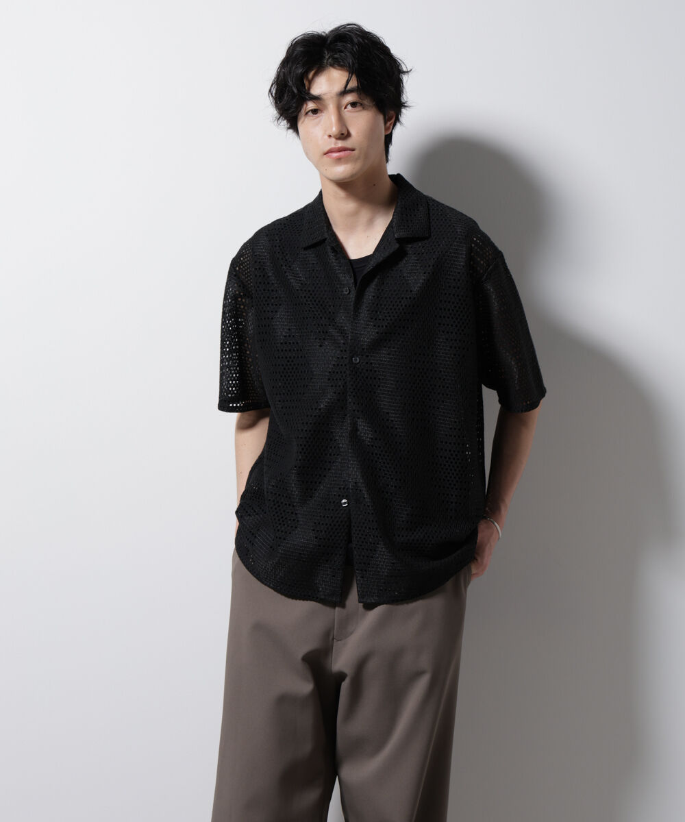 nano･universe「ダイヤレース オープンカラーシャツ」|シャツ・ブラウス|ブラック