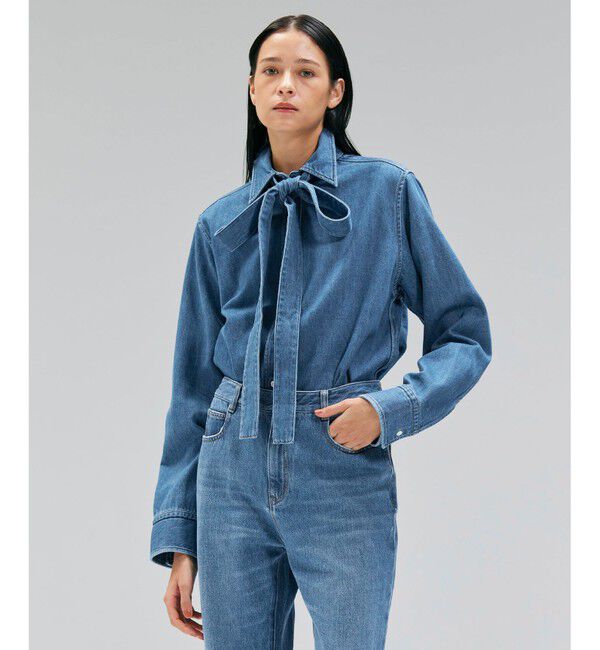 BEIGE,「【洗える・BAILA 11月号掲載】MARKEL / ボウタイ付きシャツカラーデニムシャツ」|シャツ・ブラウス|L.Indigo