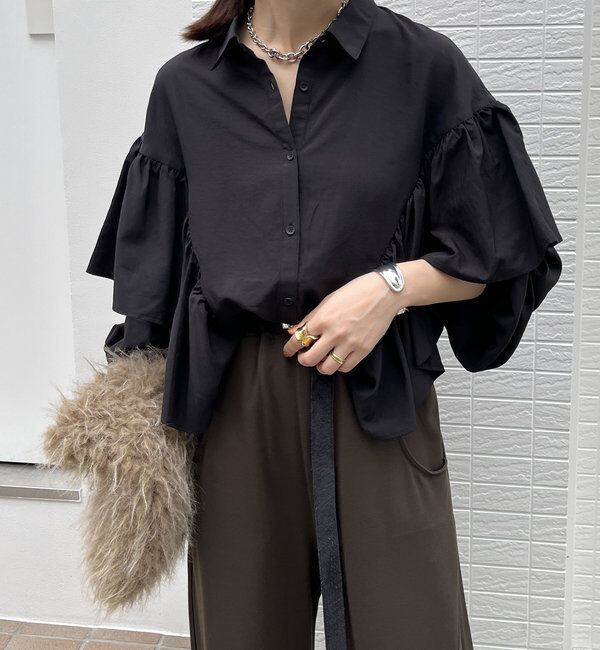  「【WEB限定】フリルケープブラウス」|シャツ・ブラウス|ブラック