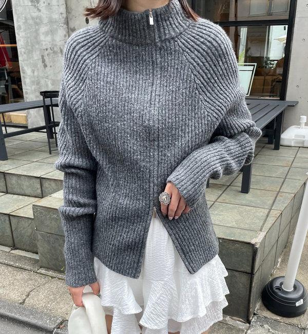  「[mline]ハイネックWZIPニット」|カーディガン|チャコールグレー