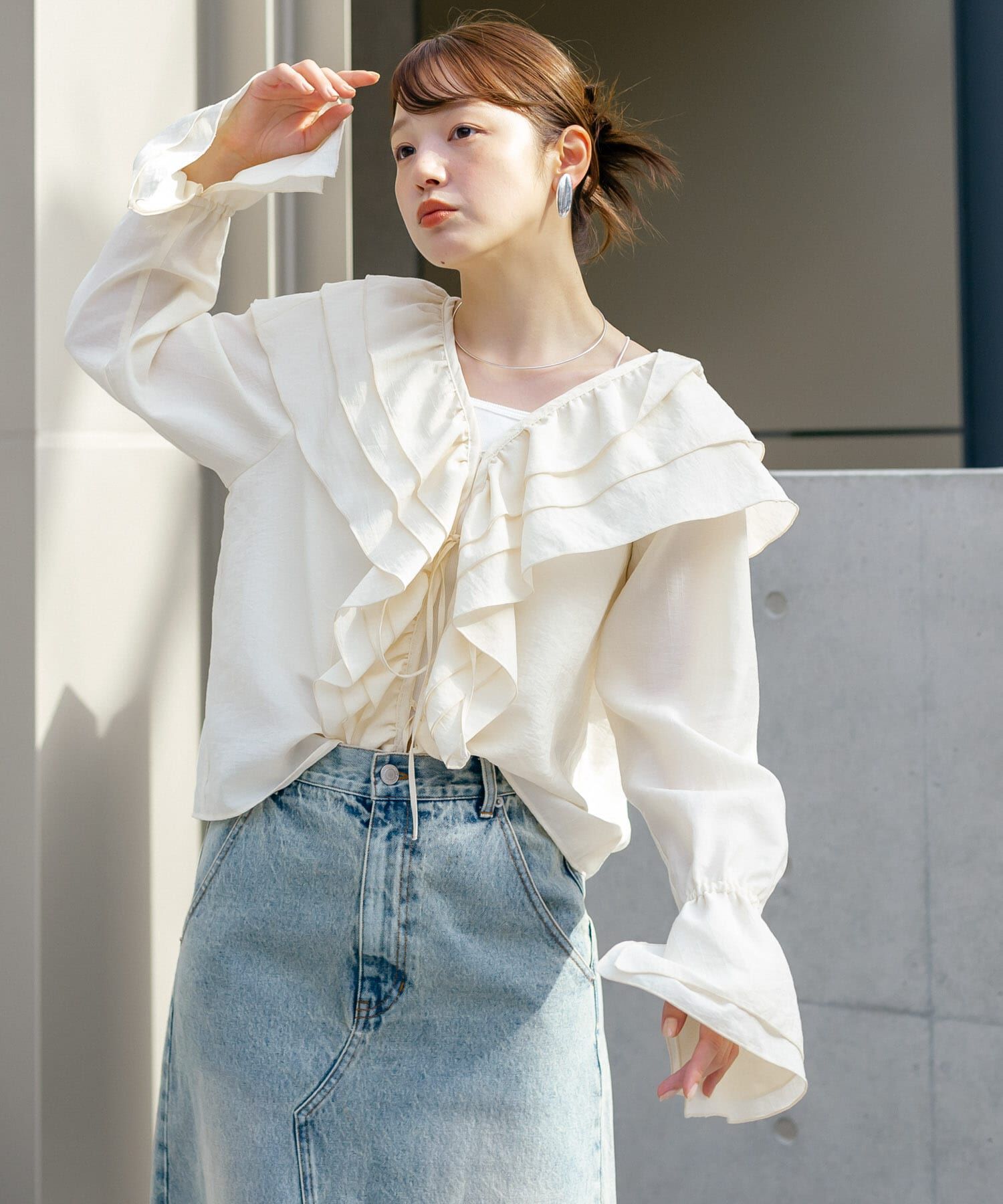  「フリルカラーリボンブラウス」|シャツ・ブラウス|アイボリー