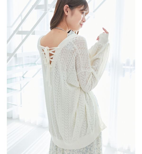  「レースアップスカシ柄ミディカーデ」|カーディガン|