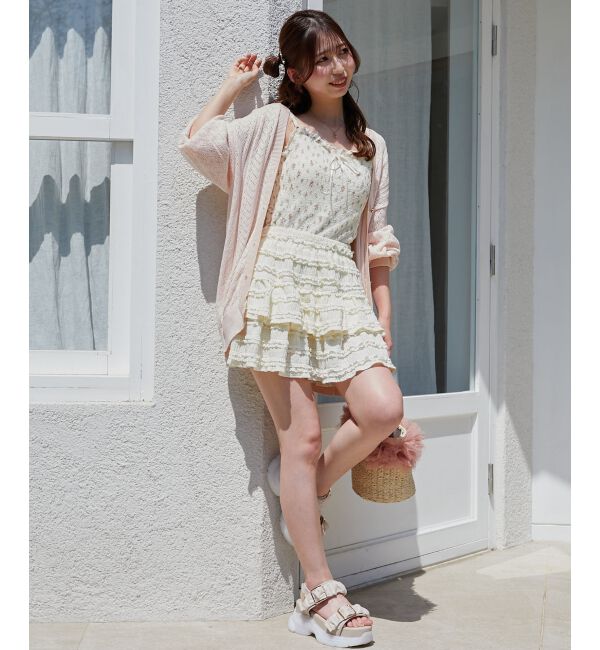  「レースアップスカシ柄ミディカーデ」|カーディガン|