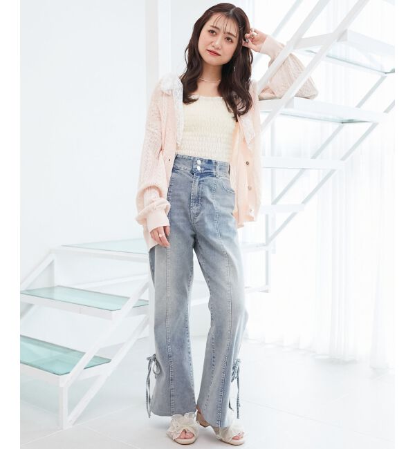  「レースアップスカシ柄ミディカーデ」|カーディガン|